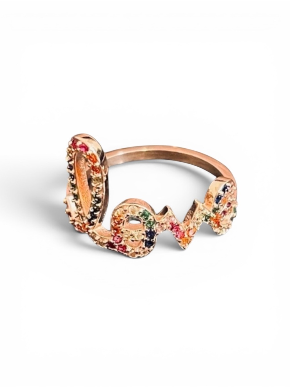 Rainbow Love Script Graffiti Ring Multicolor Pave CZs 18K Rose Gold Filled NWOT